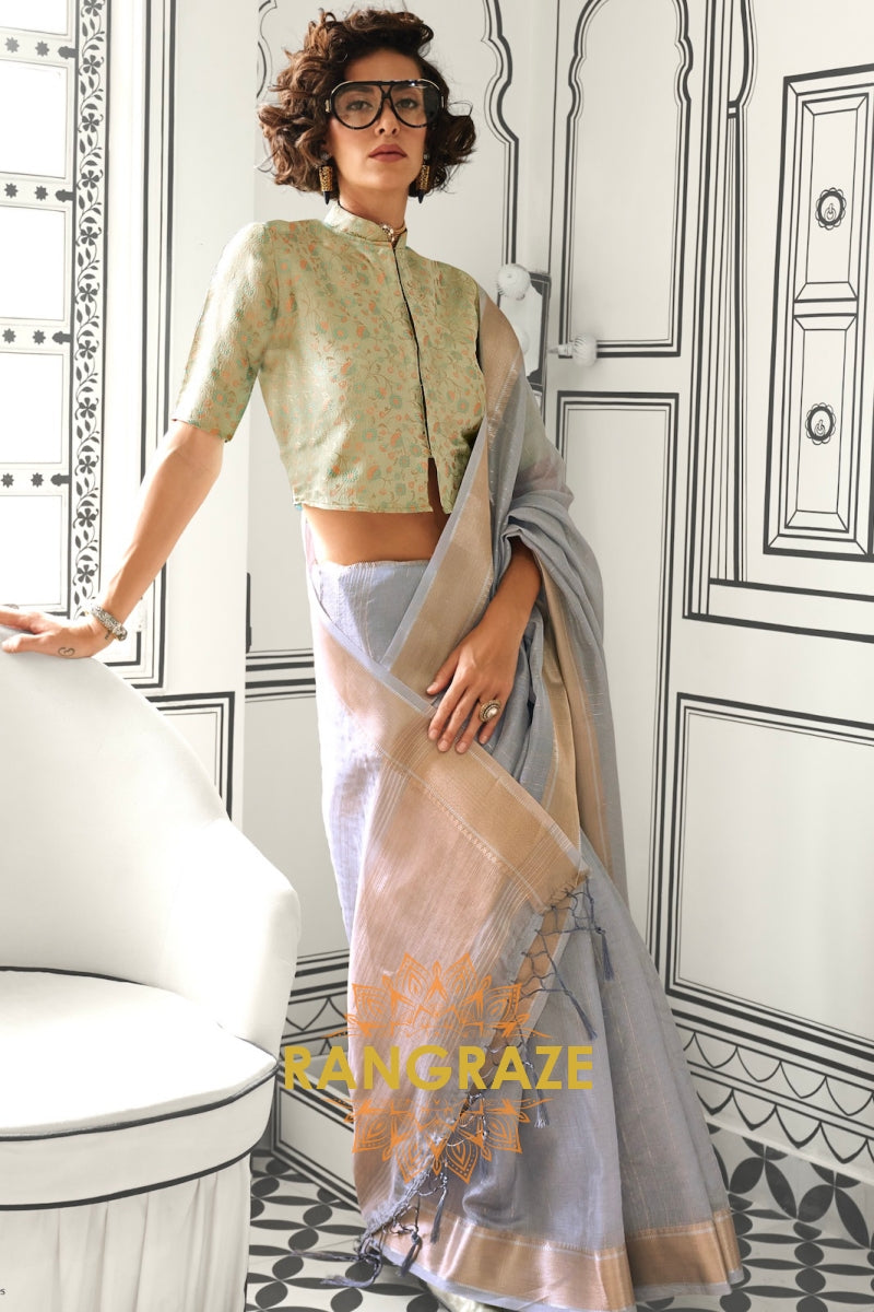 Subtle Grey Moss Chiffon Saree with Contrast Blouse