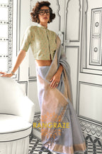 Subtle Grey Moss Chiffon Saree with Contrast Blouse