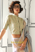 Subtle Grey Moss Chiffon Saree with Contrast Blouse