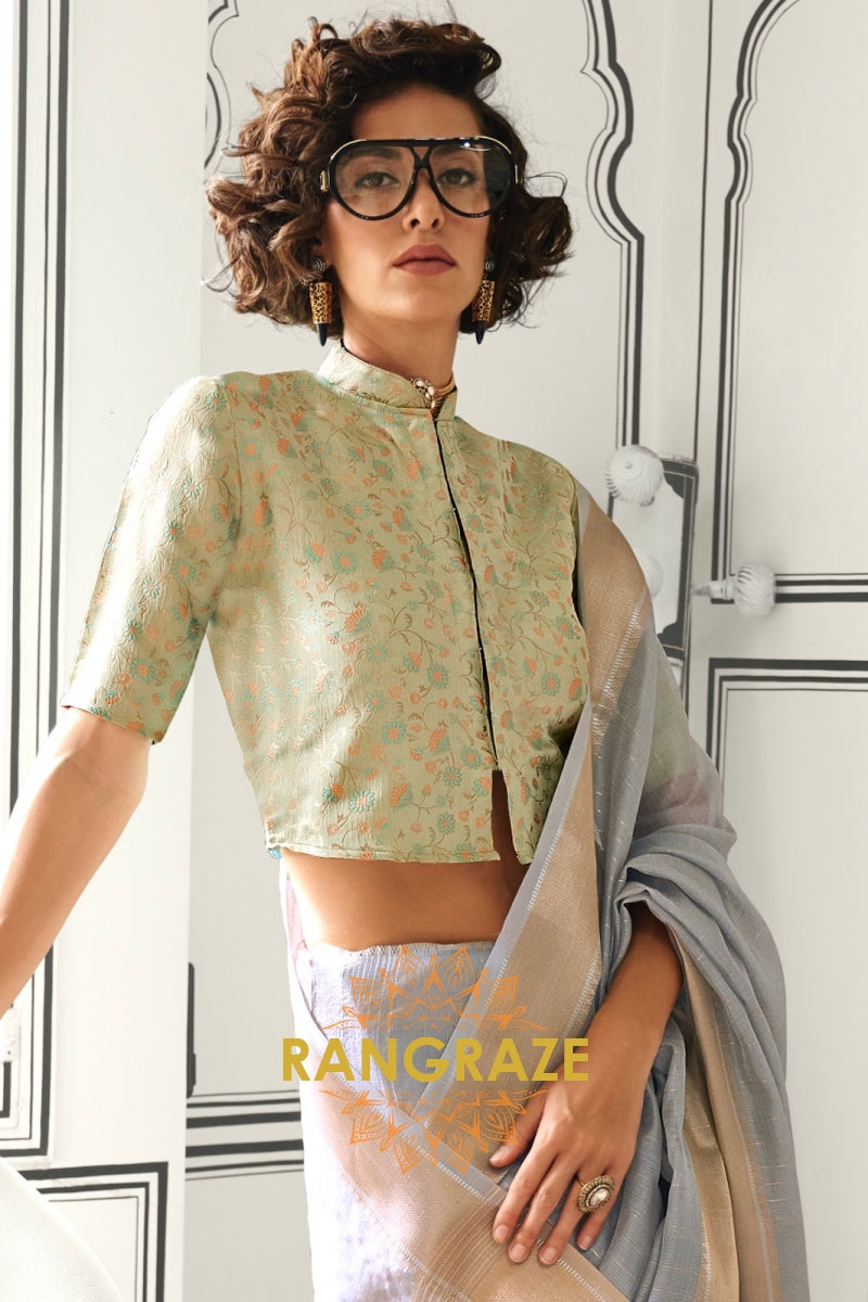 Subtle Grey Moss Chiffon Saree with Contrast Blouse