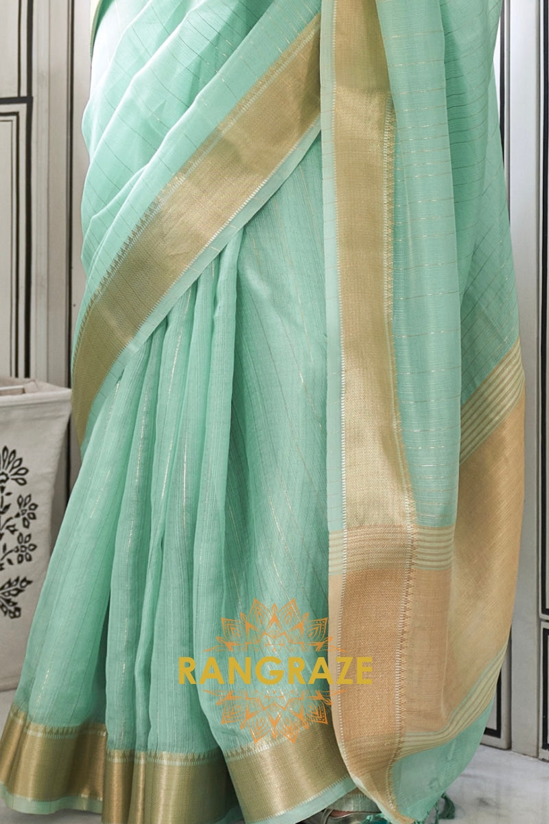 Seafoam Green Moss Chiffon Saree with Contrast Blouse