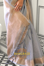 Subtle Grey Moss Chiffon Saree with Contrast Blouse