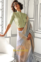 Subtle Grey Moss Chiffon Saree with Contrast Blouse