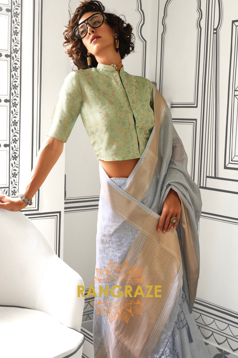 Subtle Grey Moss Chiffon Saree with Contrast Blouse