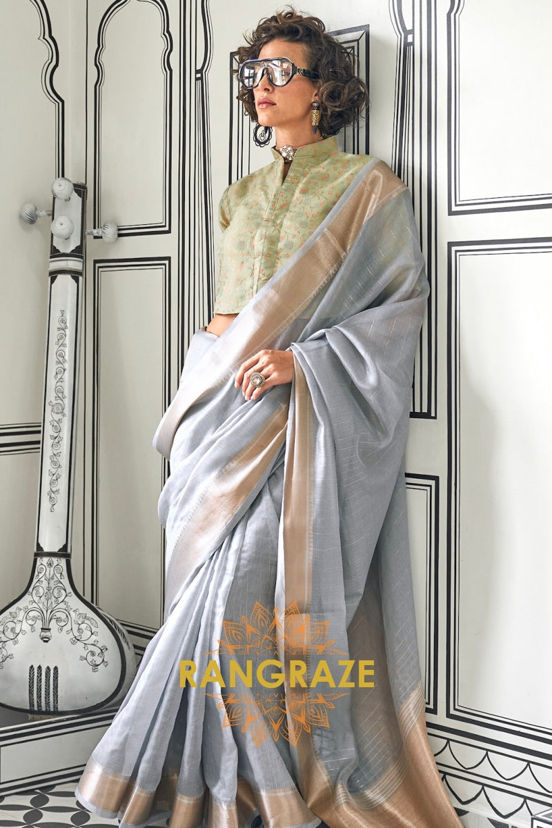 Subtle Grey Moss Chiffon Saree with Contrast Blouse