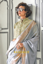 Subtle Grey Moss Chiffon Saree with Contrast Blouse