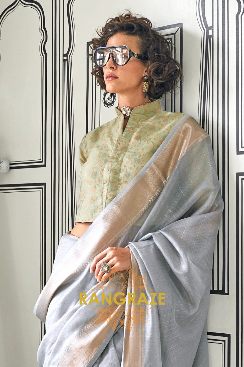 Subtle Grey Moss Chiffon Saree with Contrast Blouse