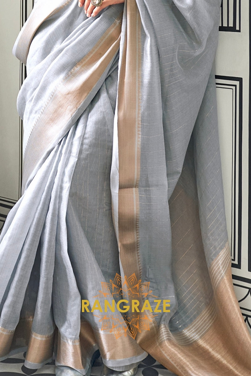 Subtle Grey Moss Chiffon Saree with Contrast Blouse