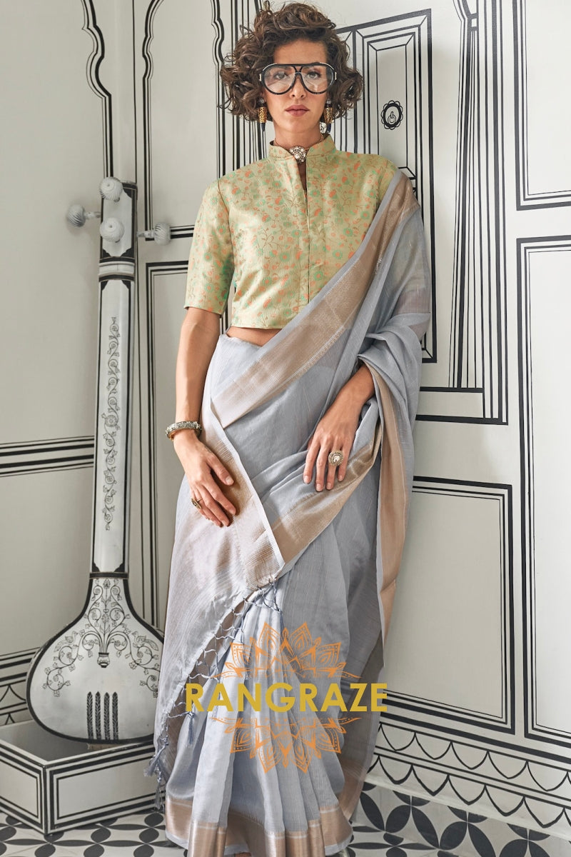 Subtle Grey Moss Chiffon Saree with Contrast Blouse