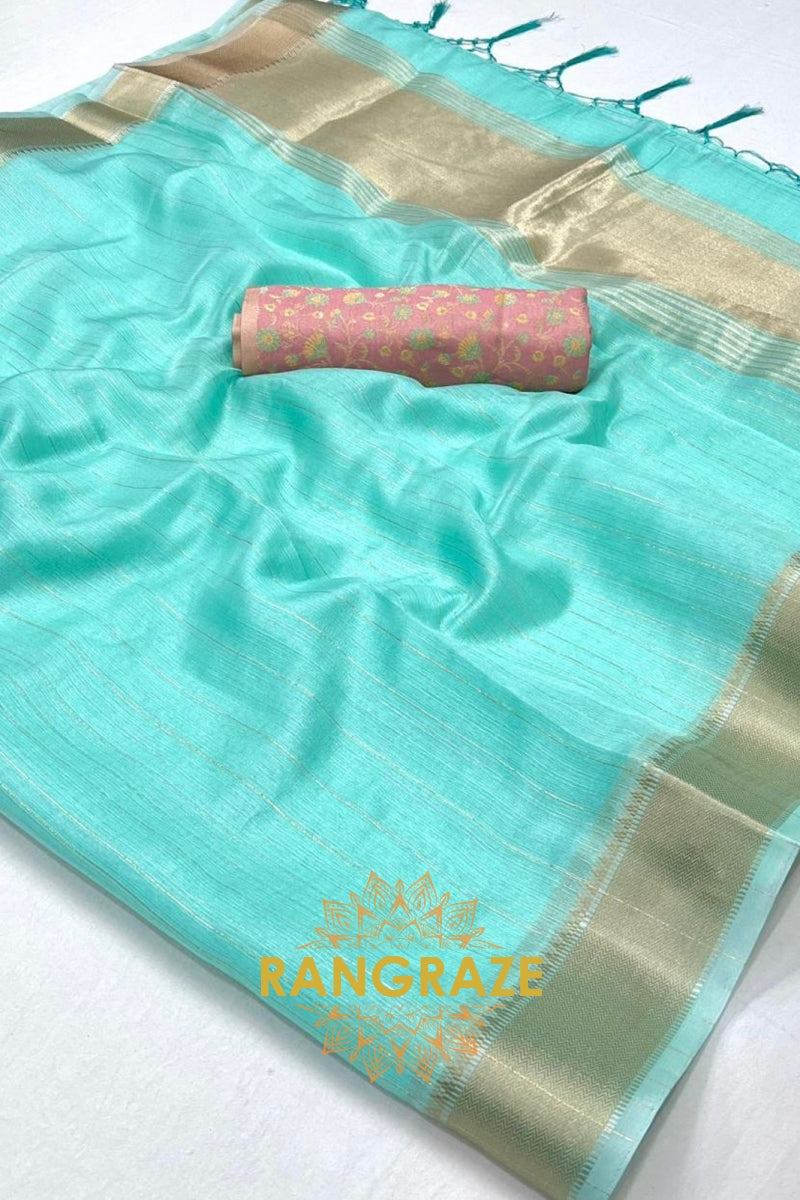 Seafoam Green Moss Chiffon Saree with Contrast Blouse