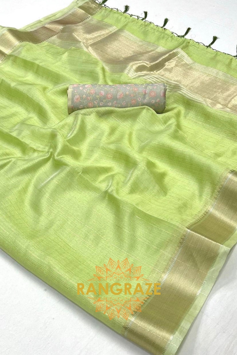 Pastel Green Moss Chiffon Saree with Silver Contrast Blouse
