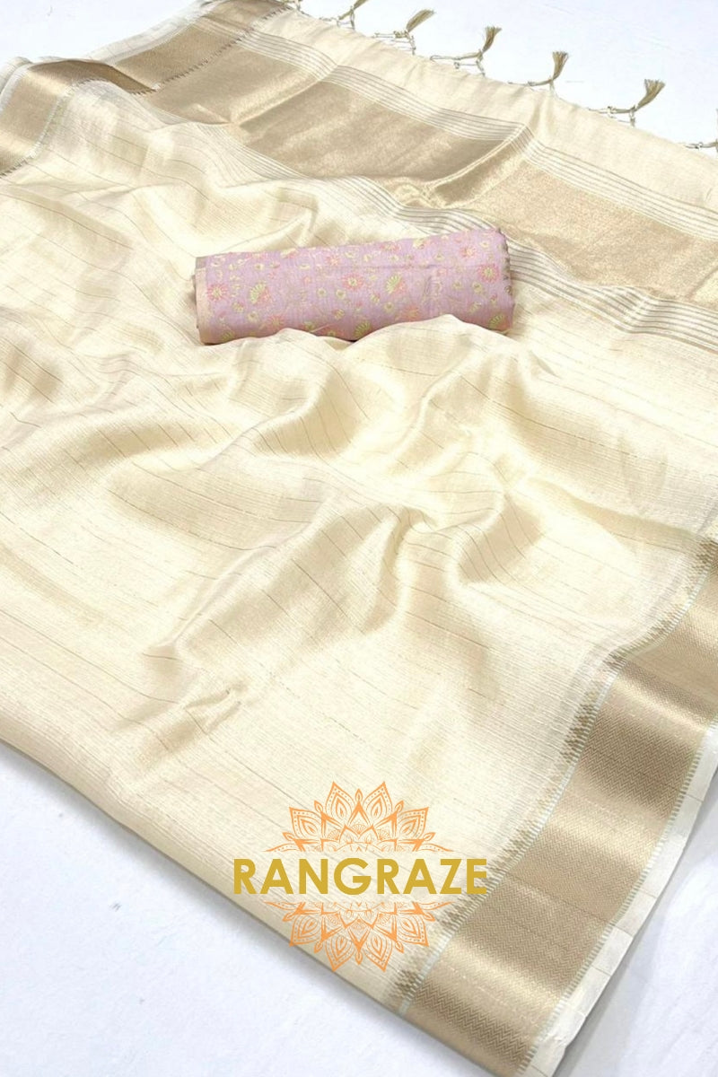 Ivory Cream Moss Chiffon Saree with Pink Contrast Blouse