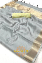 Subtle Grey Moss Chiffon Saree with Contrast Blouse