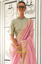 Blush Pink Moss Chiffon Saree with Mint Green Contrast Blouse