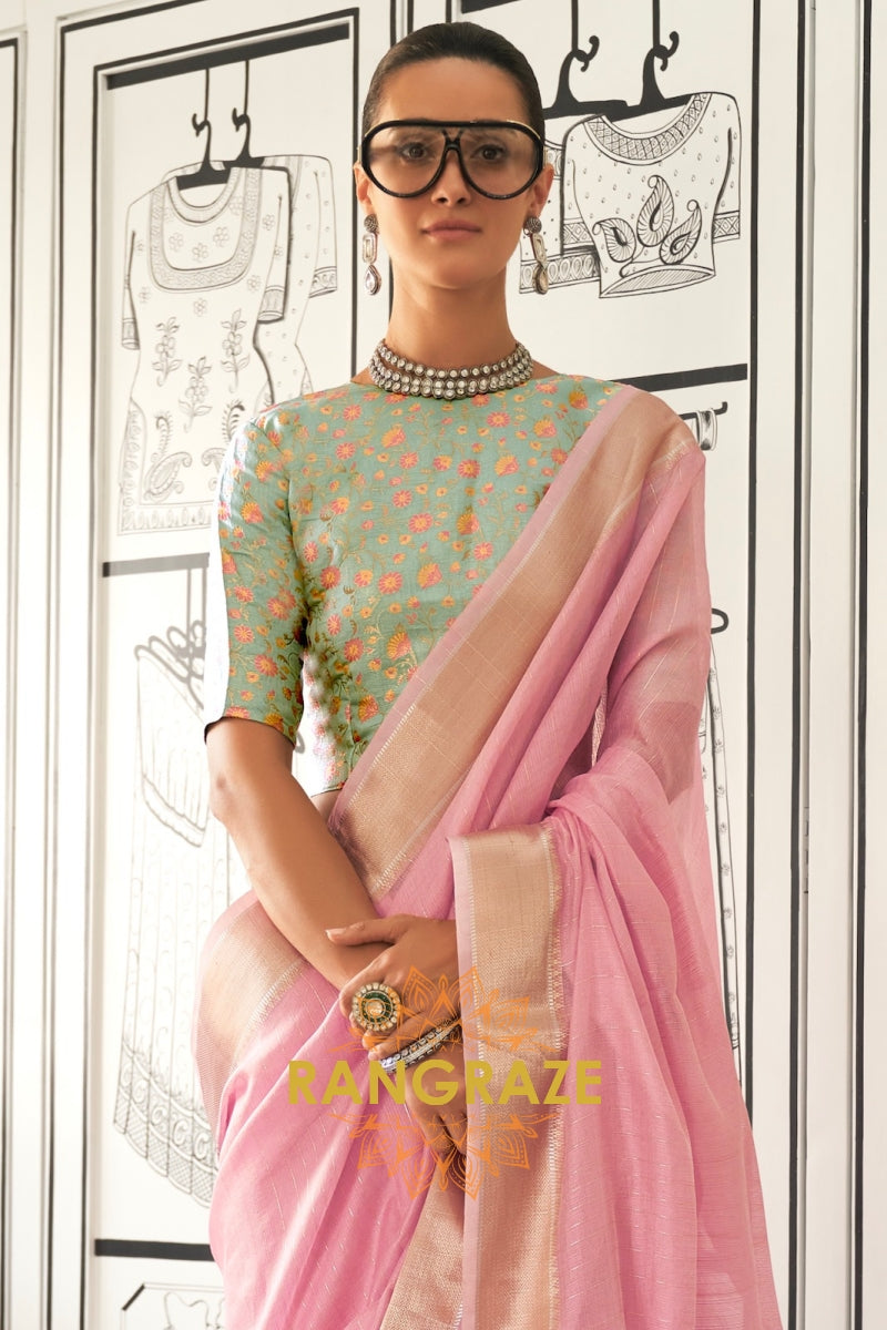 Blush Pink Moss Chiffon Saree with Mint Green Contrast Blouse