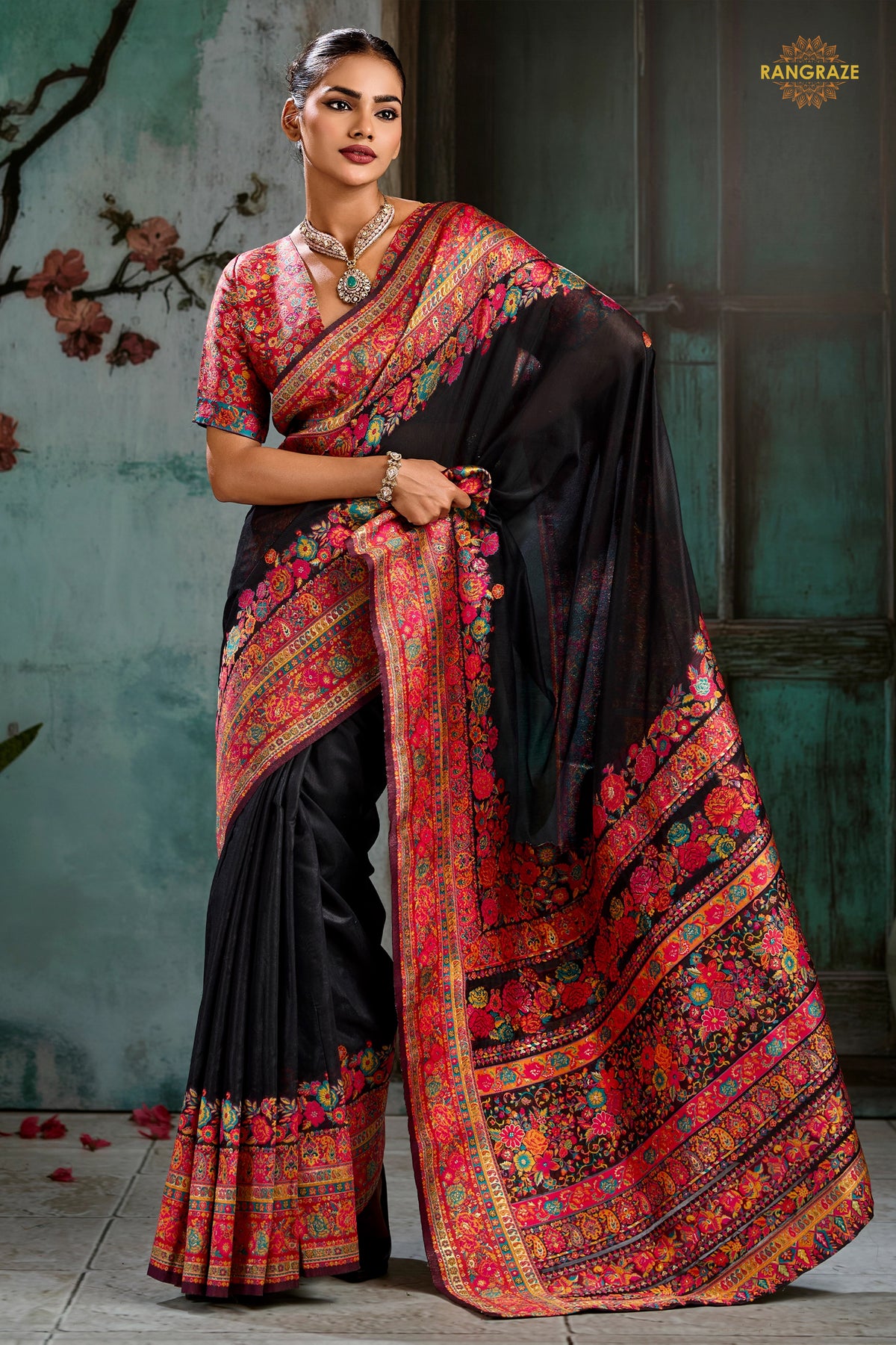 Cinder Black Woven Modal Cotton Pashmina Saree