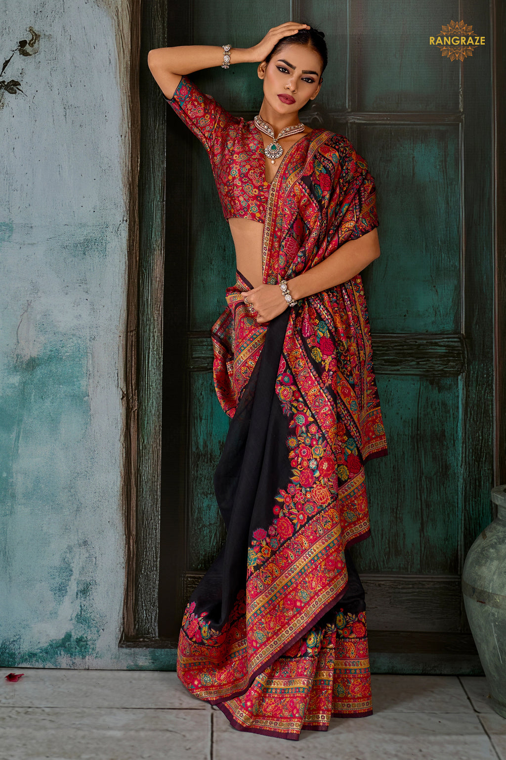 Cinder Black Woven Modal Cotton Pashmina Saree