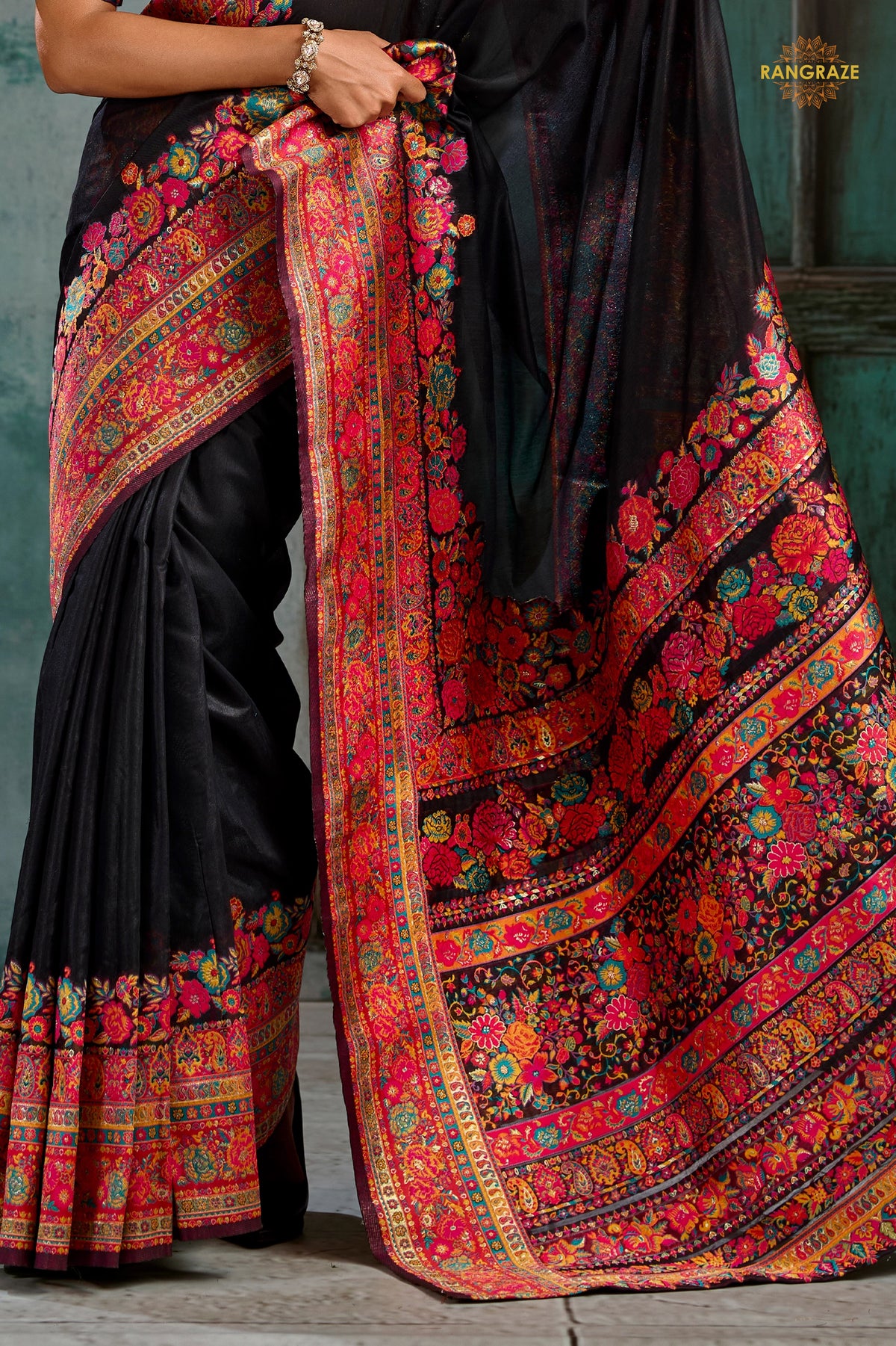 Cinder Black Woven Modal Cotton Pashmina Saree