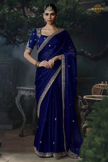 Cobalt Blue Embroidered Tissue Organza Saree