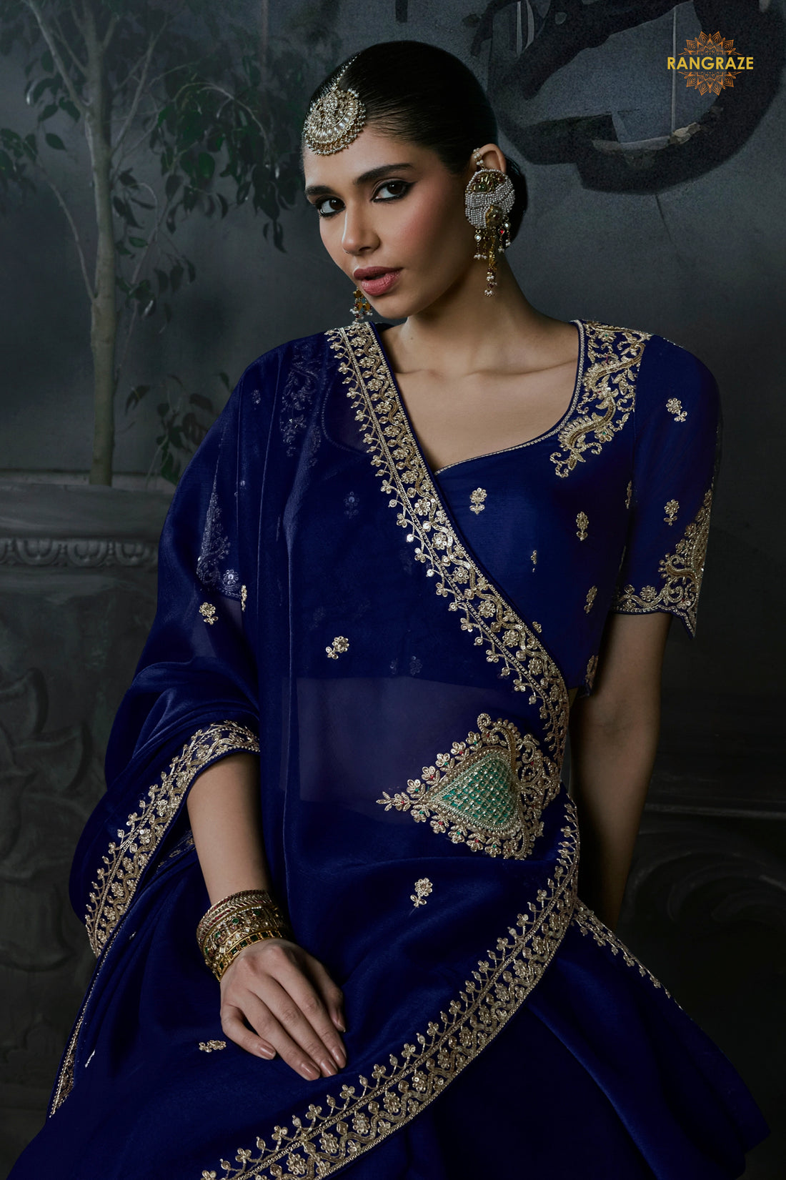 Cobalt Blue Embroidered Tissue Organza Saree