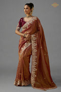 Copper Brown Embroidered Viscose Tissue Saree