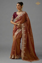 Copper Brown Embroidered Viscose Tissue Saree