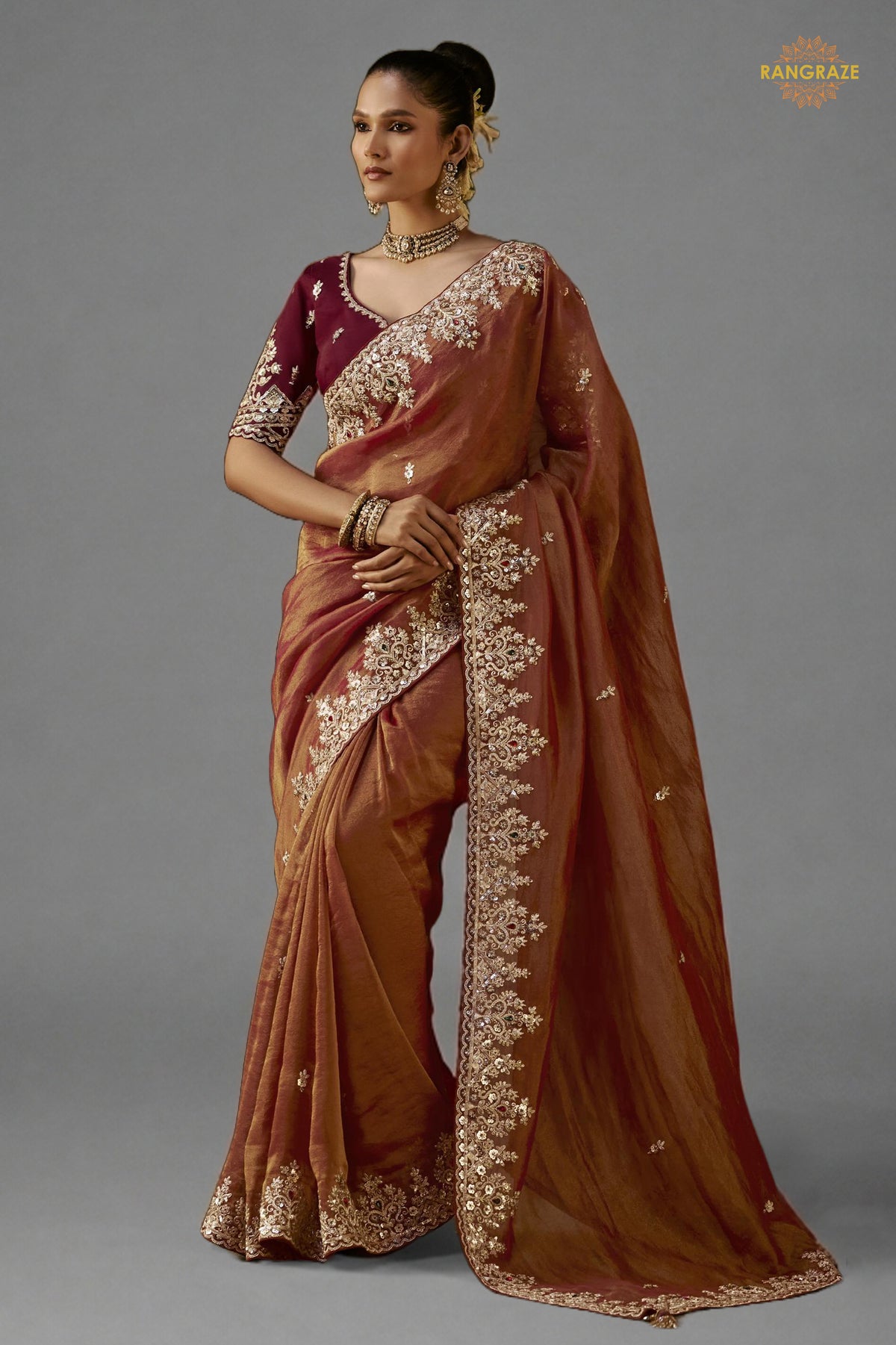 Copper Brown Embroidered Viscose Tissue Saree