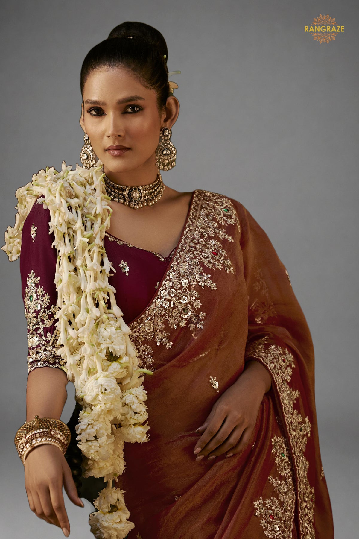 Copper Brown Embroidered Viscose Tissue Saree