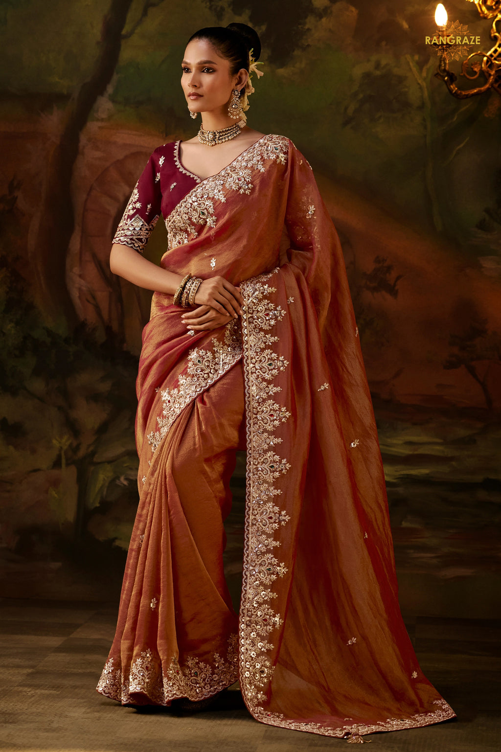 Copper Brown Embroidered Viscose Tissue Saree
