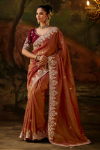 Copper Brown Embroidered Viscose Tissue Saree