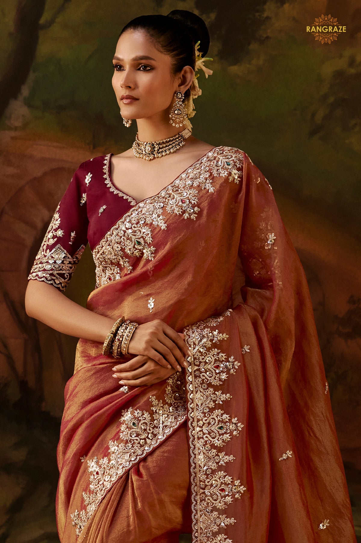 Copper Brown Embroidered Viscose Tissue Saree