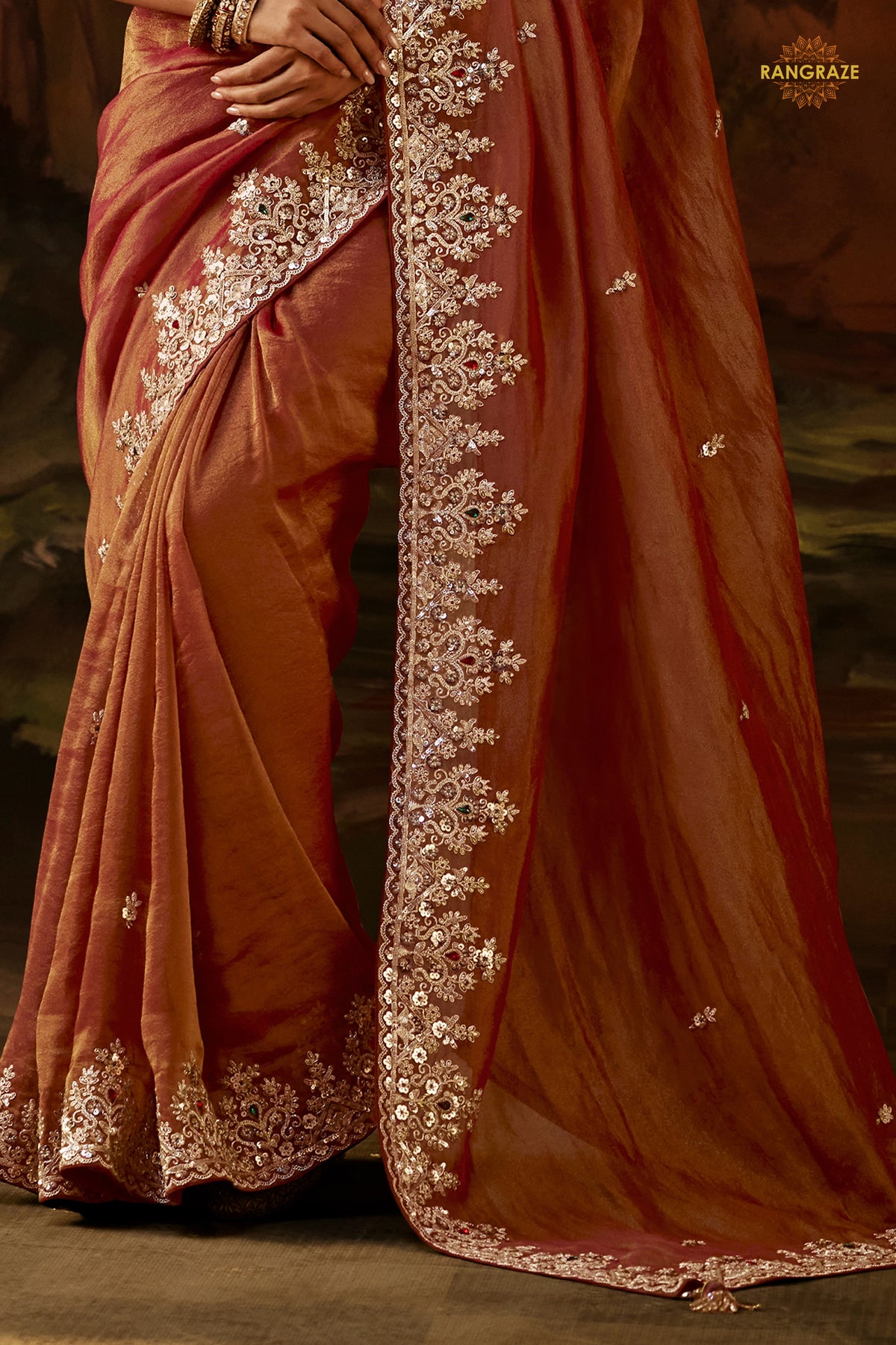 Copper Brown Embroidered Viscose Tissue Saree