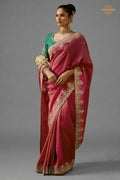 Coral Pink Embroidered Viscose Tissue Saree
