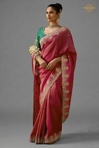 Coral Pink Embroidered Viscose Tissue Saree