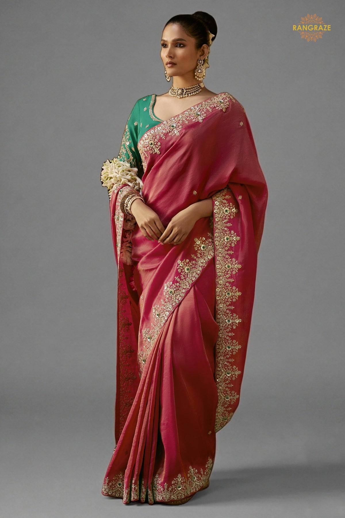 Coral Pink Embroidered Viscose Tissue Saree