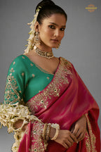 Coral Pink Embroidered Viscose Tissue Saree