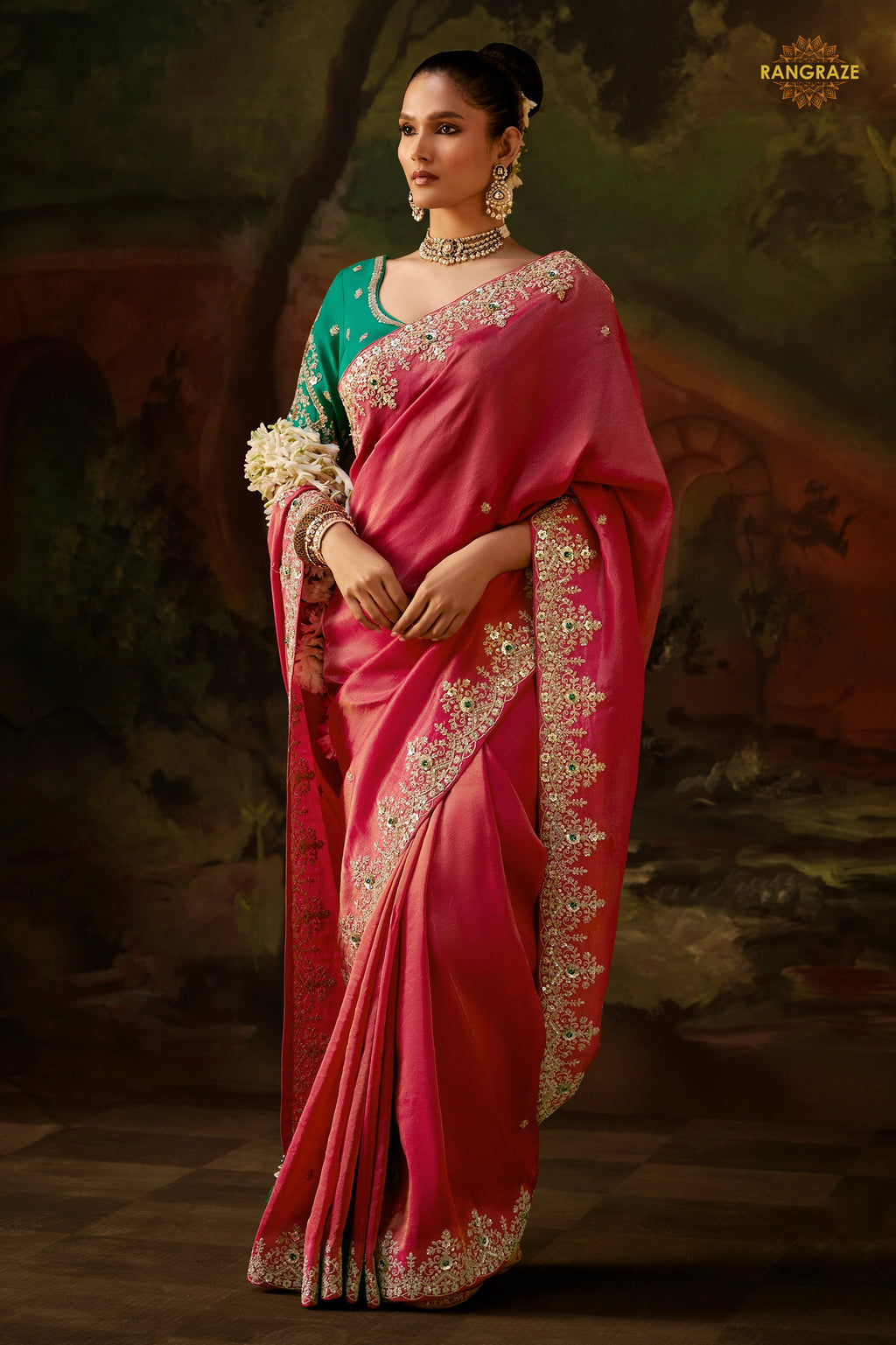 Coral Pink Embroidered Viscose Tissue Saree