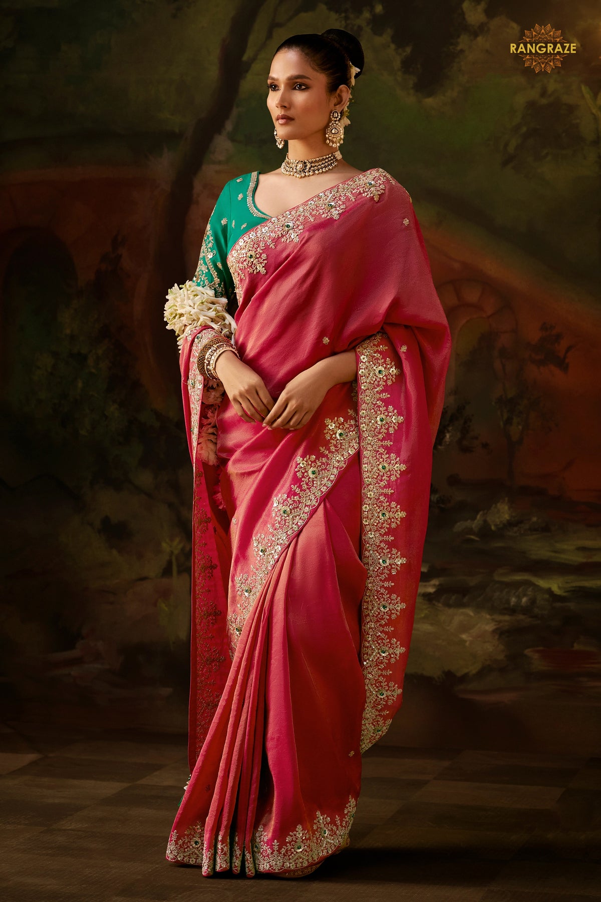 Coral Pink Embroidered Viscose Tissue Saree
