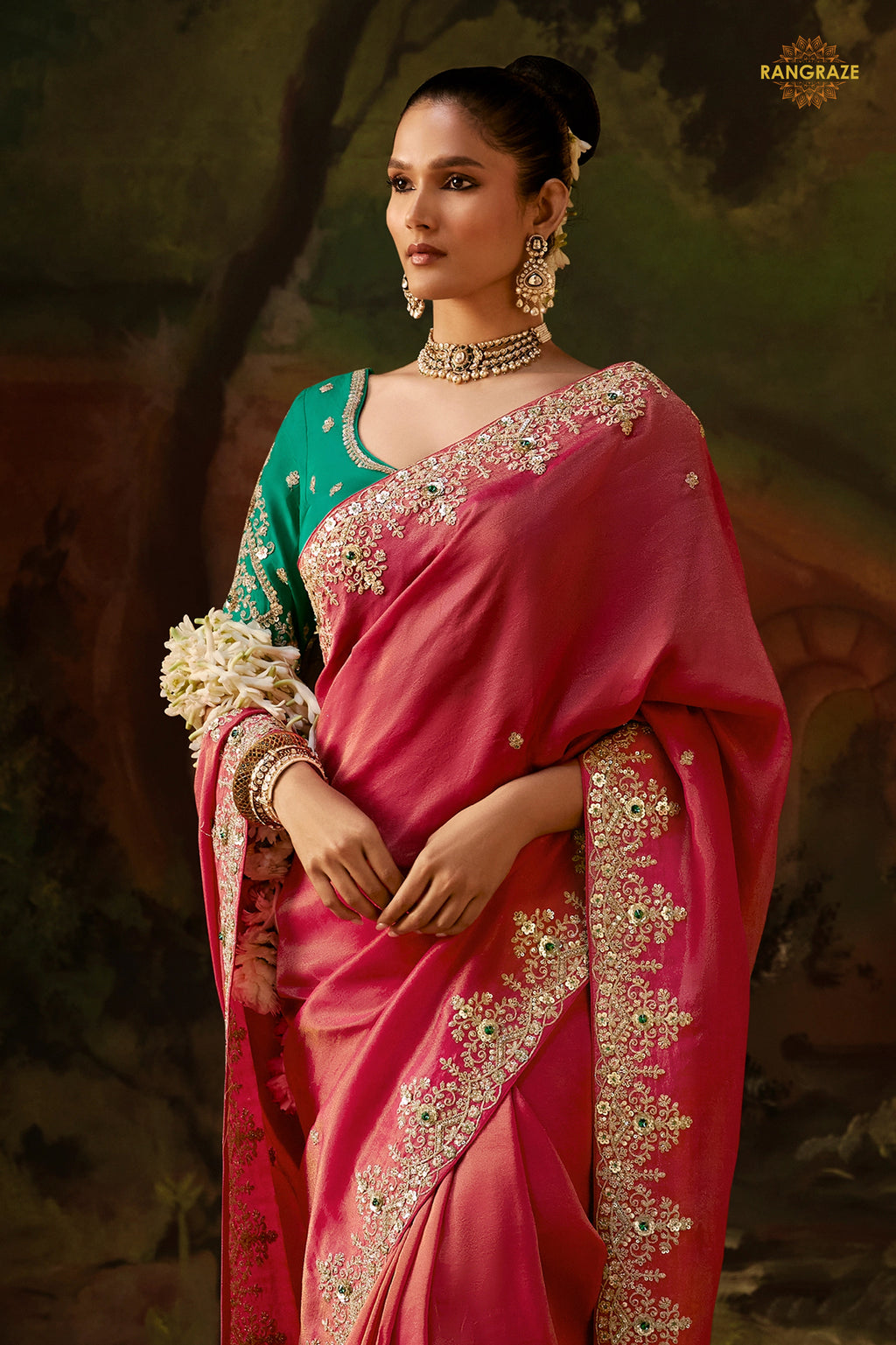 Coral Pink Embroidered Viscose Tissue Saree