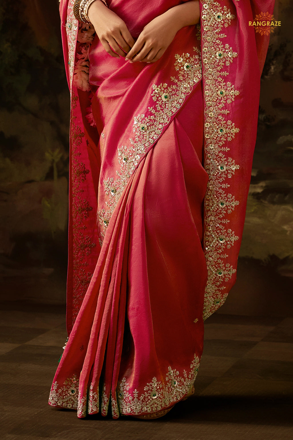 Coral Pink Embroidered Viscose Tissue Saree