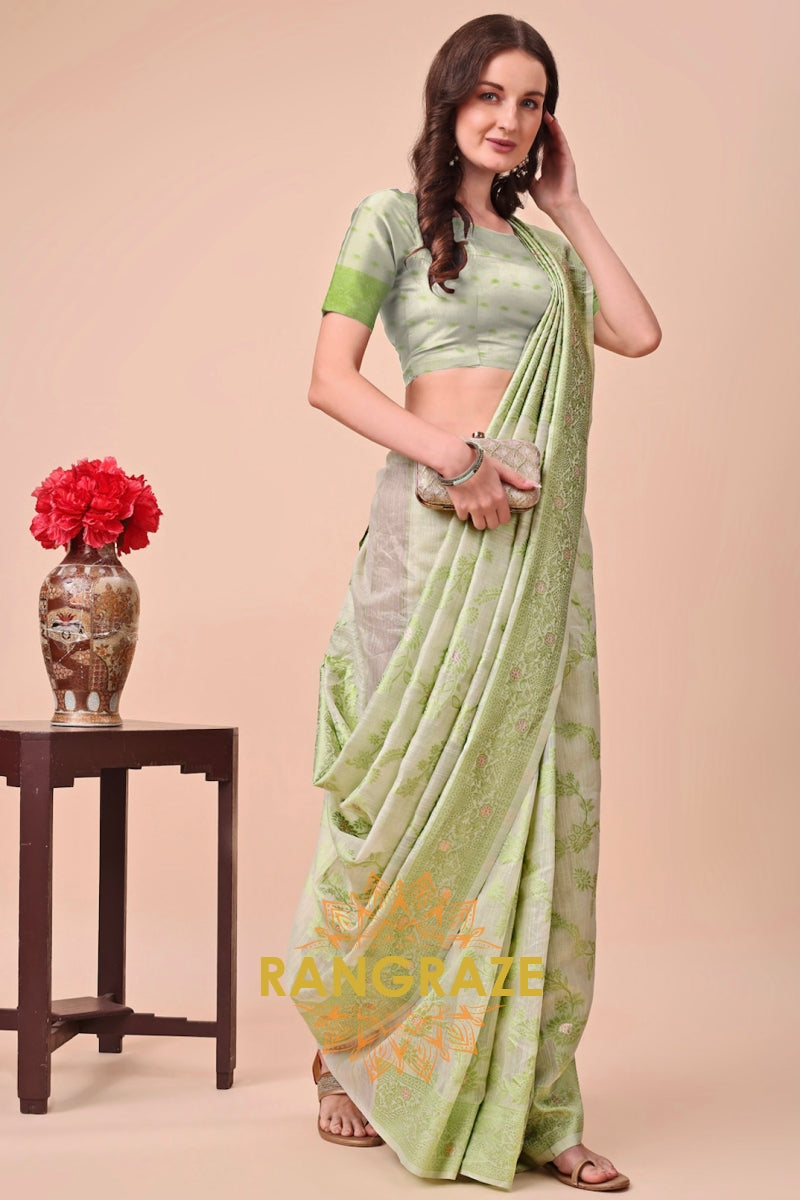 Pistachio Green Cotton Saree with Floral Thread Work