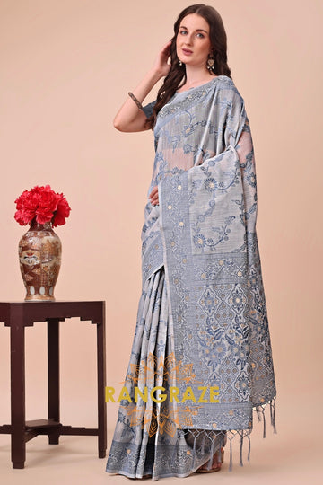 Powder Blue Cotton Woven Banarasi Saree