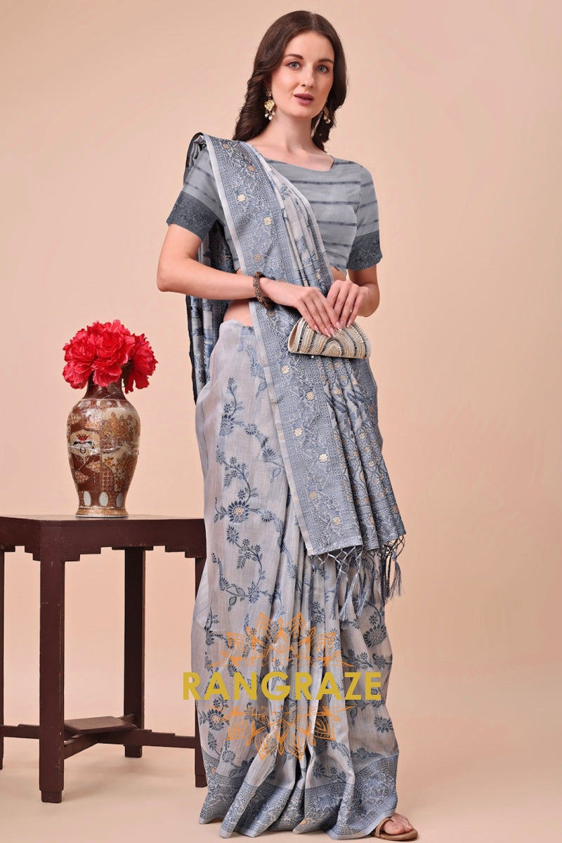 Powder Blue Cotton Woven Banarasi Saree