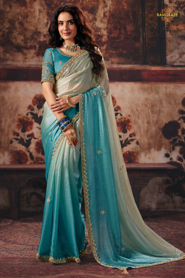 Cream And Blue Designer Satin Silk Saree With Embroidered Blouse