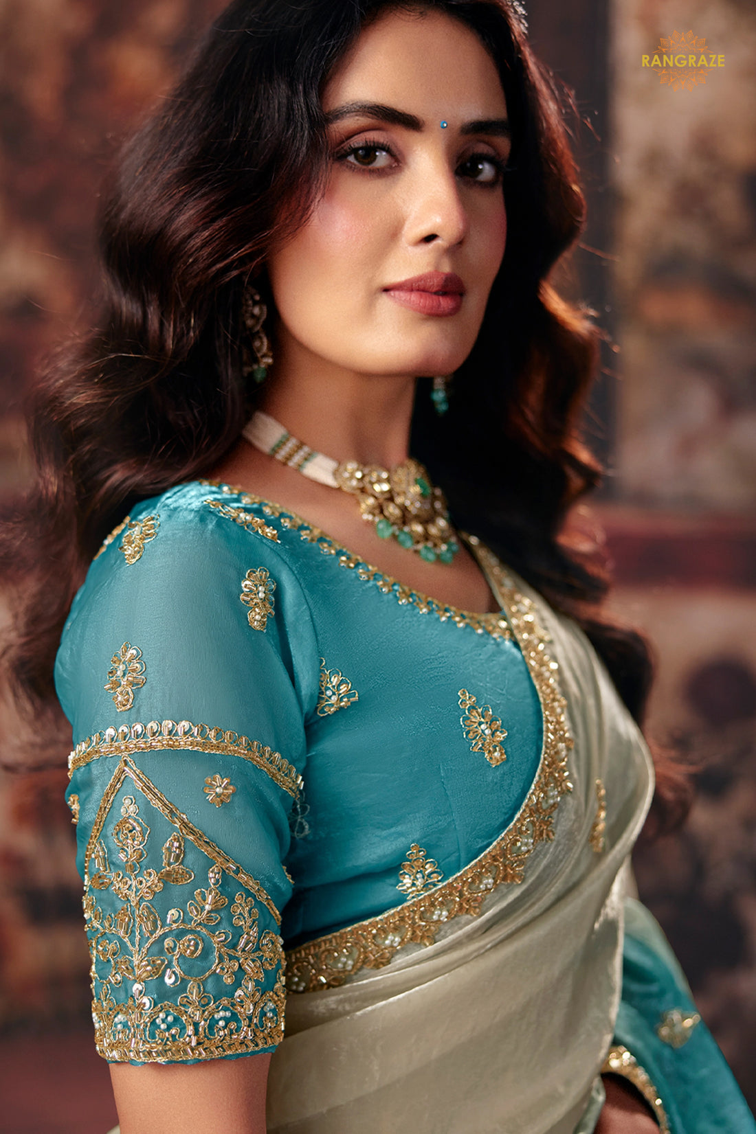 Cream And Blue Designer Satin Silk Saree With Embroidered Blouse