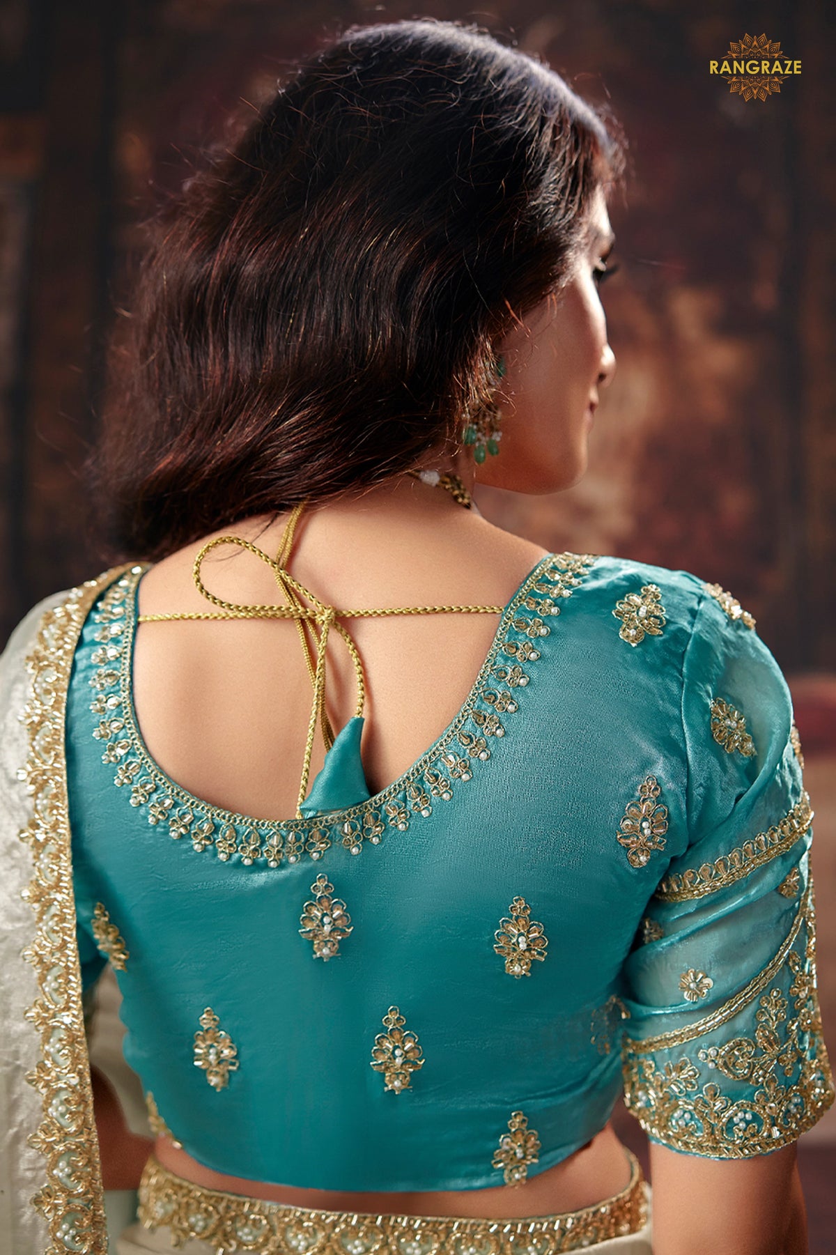 Cream And Blue Designer Satin Silk Saree With Embroidered Blouse