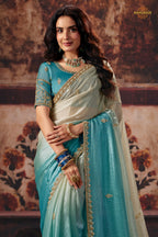 Cream And Blue Designer Satin Silk Saree With Embroidered Blouse