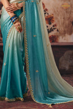 Cream And Blue Designer Satin Silk Saree With Embroidered Blouse