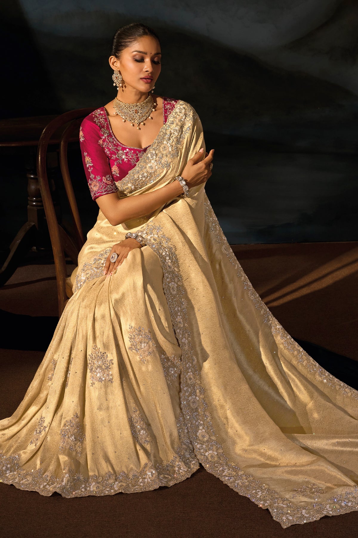 Cream Embroidered Kanjivaram Jacquard Saree