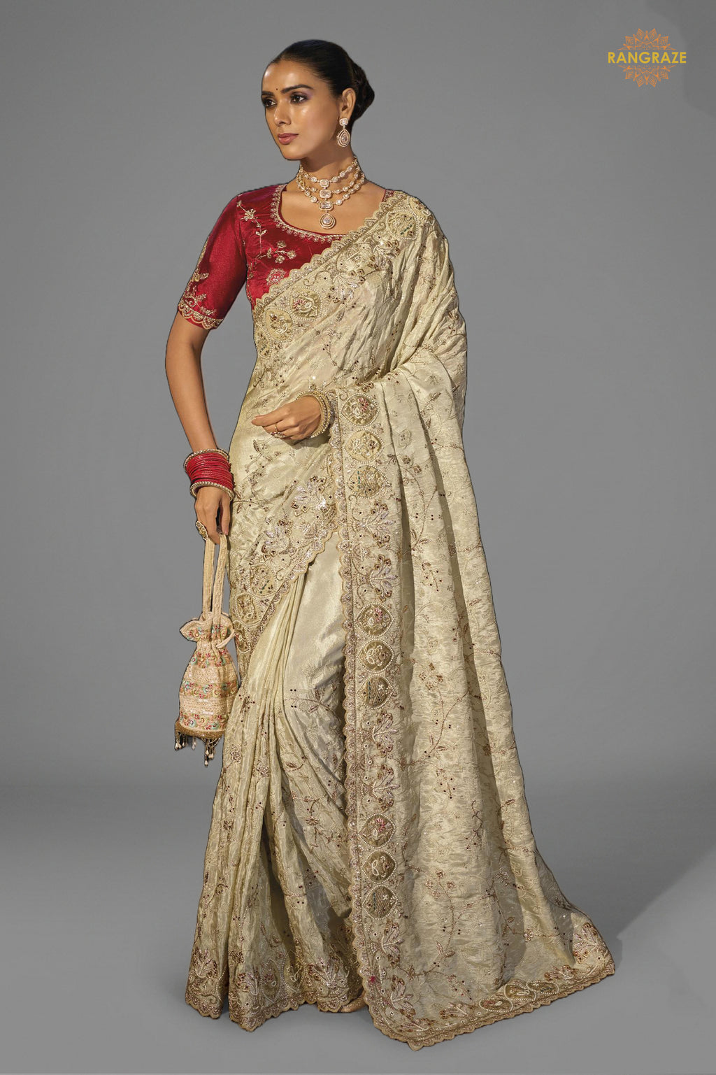 Cream Embroidered Kanjivaram Saree